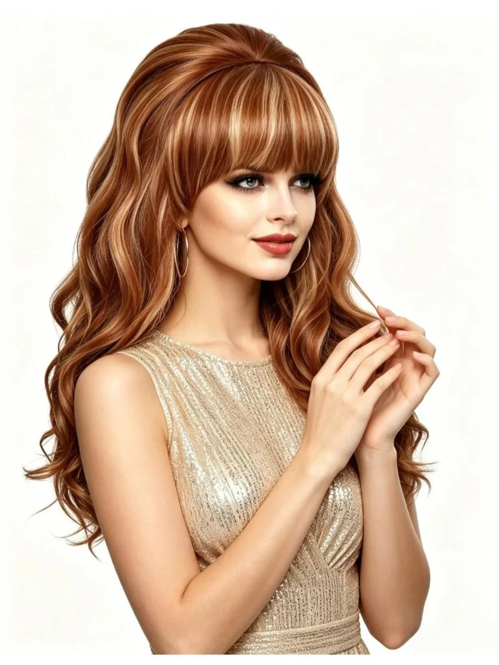 Women's Ginger Blonde Heat Resistant Synthetic Fiber Retro Long Wavy Wigs Bangs